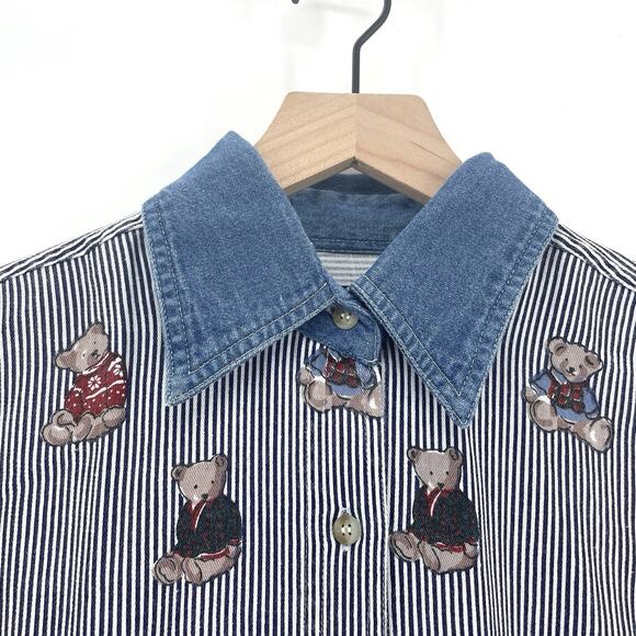 VTG Quizz Button Up Shirt Women Large Bear Railroad Stripe Denim Woven Novelty - Picture 2 of 6